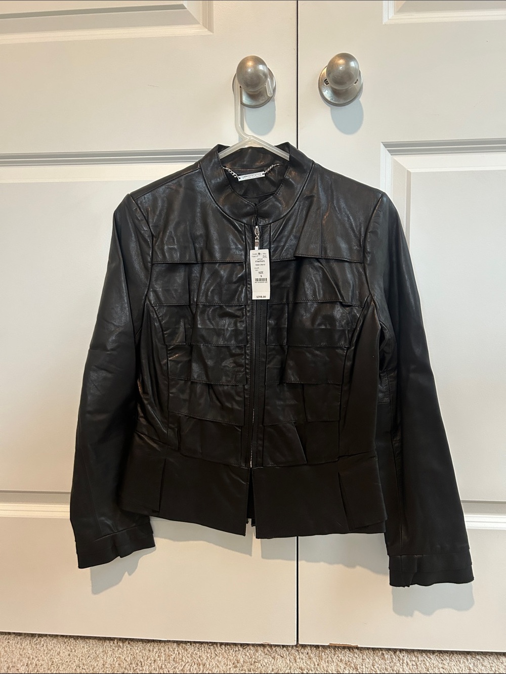 NWT Women's White House Black Market Black Tiered Leather Jacket. 100% Genuine